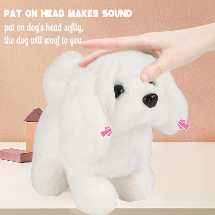 Hopearl Walking Dog Bichon Interactive Electronic Pet Plush Toy Puppy Woof and Moving Animated Nodding Head Gifts for Toddlers Birthday, White, 18cm