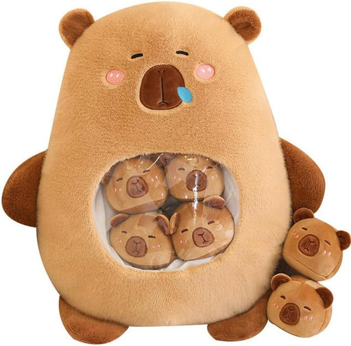 Kawaii Capybara Plush with 6 Cute Babies - Bag of Capybara Plushies Pillow Stuffed Toys for Girls & Boys Gifts, Brown