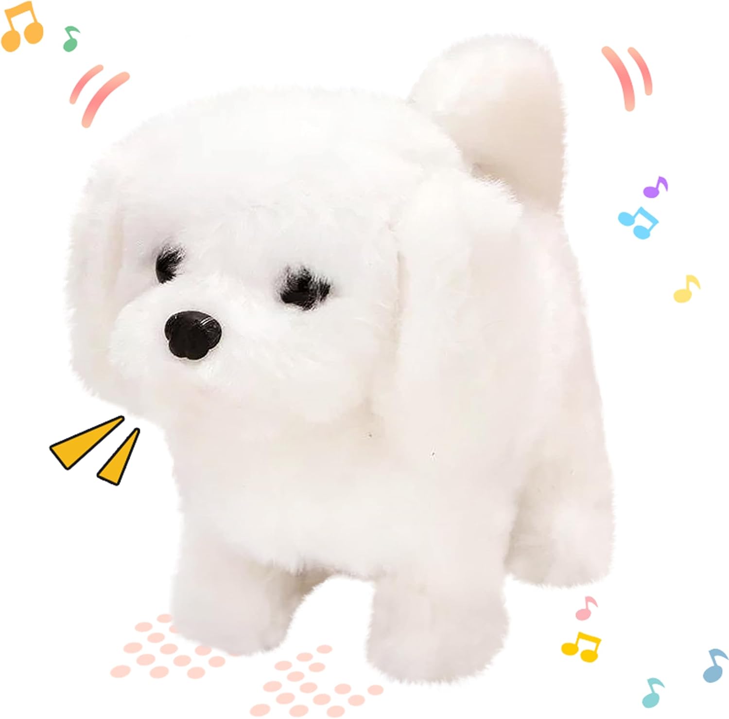 Hopearl Walking Dog Bichon Interactive Electronic Pet Plush Toy Puppy Woof and Moving Animated Nodding Head Gifts for Toddlers Birthday, White, 18cm
