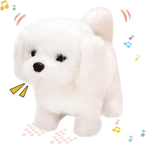 Hopearl Walking Dog Bichon Interactive Electronic Pet Plush Toy Puppy Woof and Moving Animated Nodding Head Gifts for Toddlers Birthday, White, 18cm