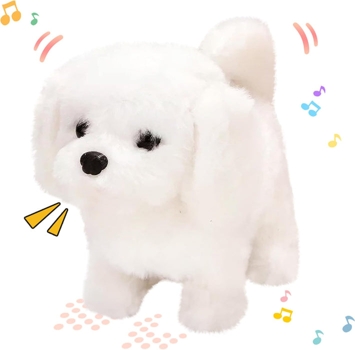 Hopearl Walking Dog Bichon Interactive Electronic Pet Plush Toy Puppy Woof and Moving Animated Nodding Head Gifts for Toddlers Birthday, White, 18cm