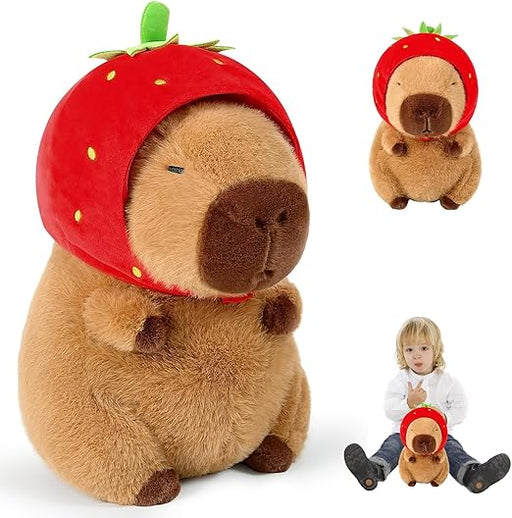 DXPETA 1Pcs Capybara Doll, Capybara Plush Toy, Strawberry Hat Soft And Realistic Capybara Plush Toy Pillow, Capybara Gifts Guinea Pig Toys for Kids