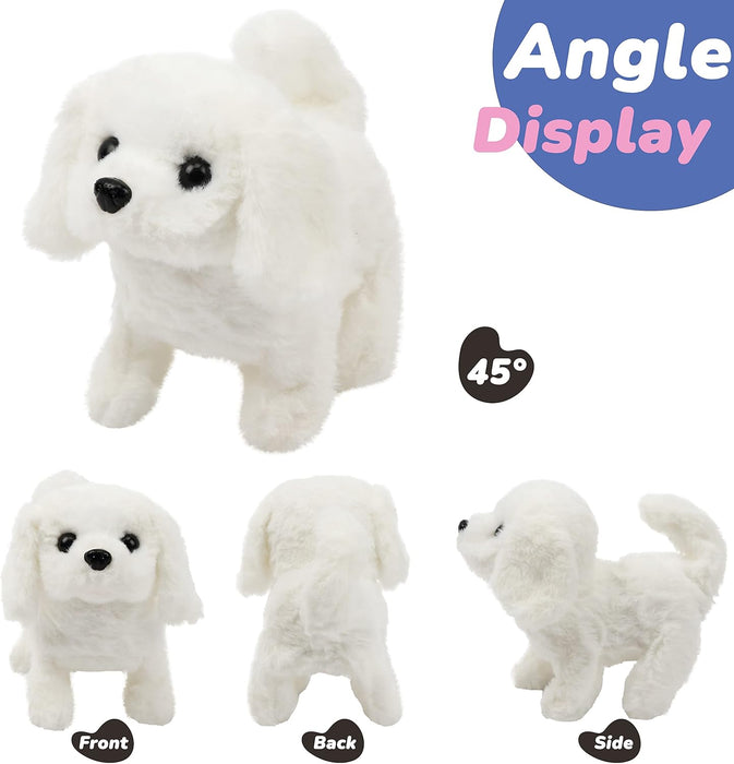 Hopearl Walking Dog Bichon Interactive Electronic Pet Plush Toy Puppy Woof and Moving Animated Nodding Head Gifts for Toddlers Birthday, White, 18cm