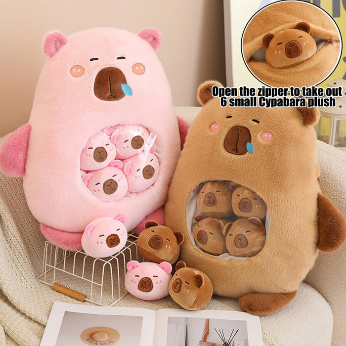 Kawaii Capybara Plush with 6 Cute Babies - Bag of Capybara Plushies Pillow Stuffed Toys for Girls & Boys Gifts, Brown