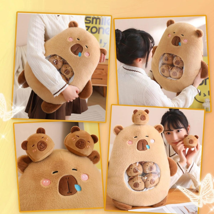 Kawaii Capybara Plush with 6 Cute Babies - Bag of Capybara Plushies Pillow Stuffed Toys for Girls & Boys Gifts, Brown