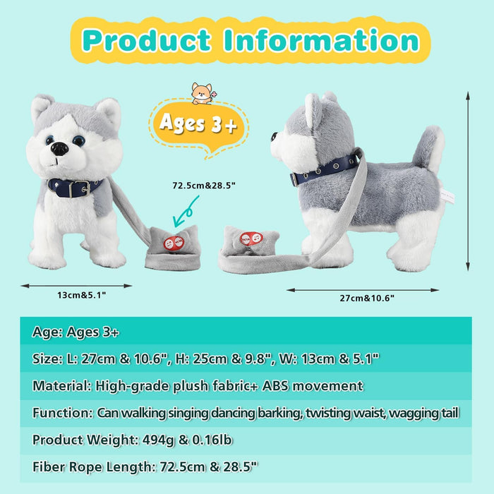 Marsjoy Husky Walking and Barking Puppy Dog Toy with Control Leash,Realistic Wagging Tail Robot Interactive Musical Dancing Animated Plush Stuffed Animal Electronic Pet for Kids Toddlers