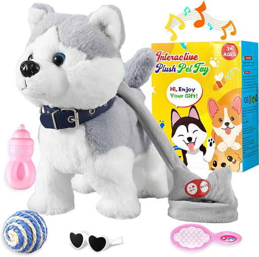 Marsjoy Husky Walking and Barking Puppy Dog Toy with Control Leash,Realistic Wagging Tail Robot Interactive Musical Dancing Animated Plush Stuffed Animal Electronic Pet for Kids Toddlers