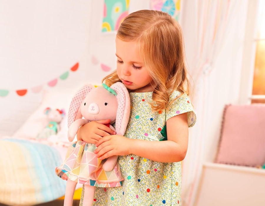 B. toys – Plush Designer Bunny Doll – Soft & Cuddly Stuffed Animal Rabbit Toy – Orange & Pastel Dress – Sparkly – 15” – Washable – Tippy Toes – Becky Bunny – 18m +