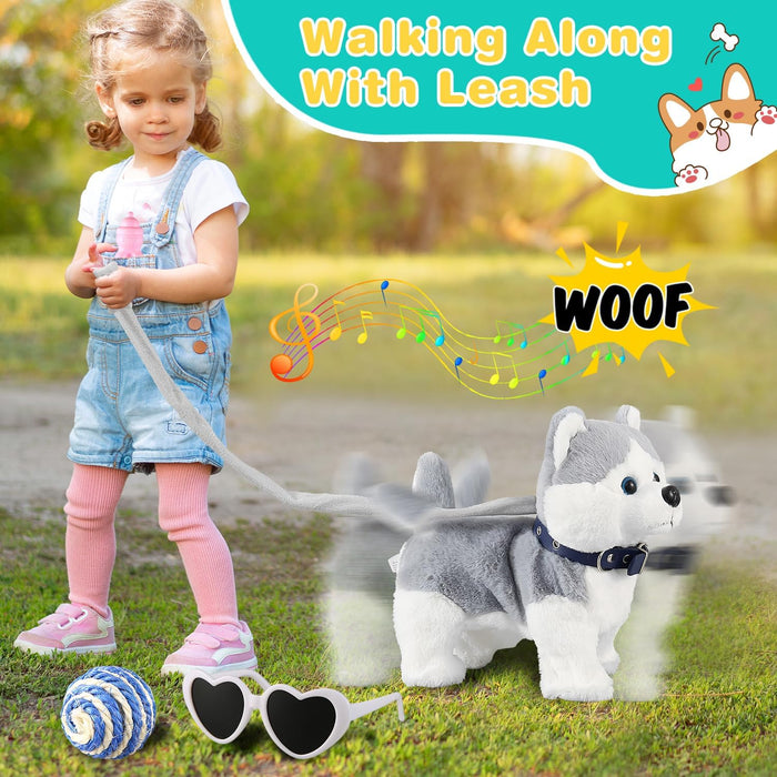 Marsjoy Husky Walking and Barking Puppy Dog Toy with Control Leash,Realistic Wagging Tail Robot Interactive Musical Dancing Animated Plush Stuffed Animal Electronic Pet for Kids Toddlers